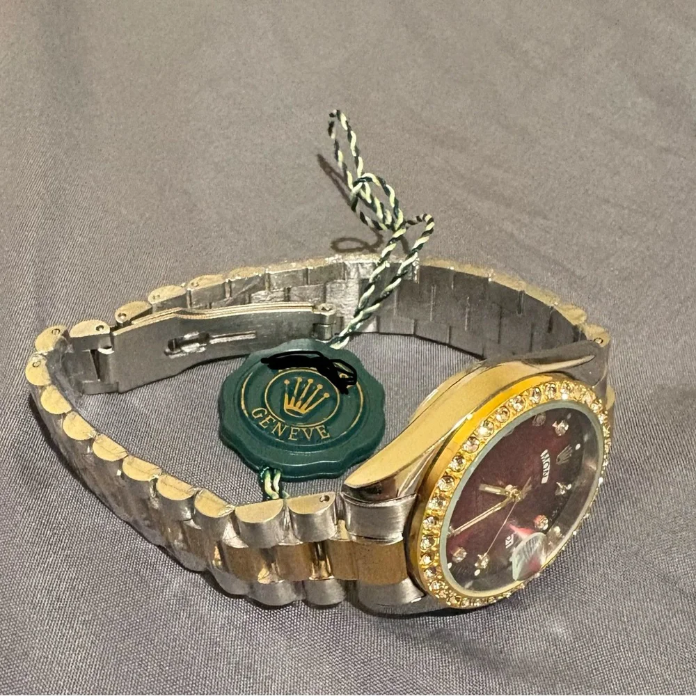 Red and Gold Watch with Moissanite Diamonds around the face